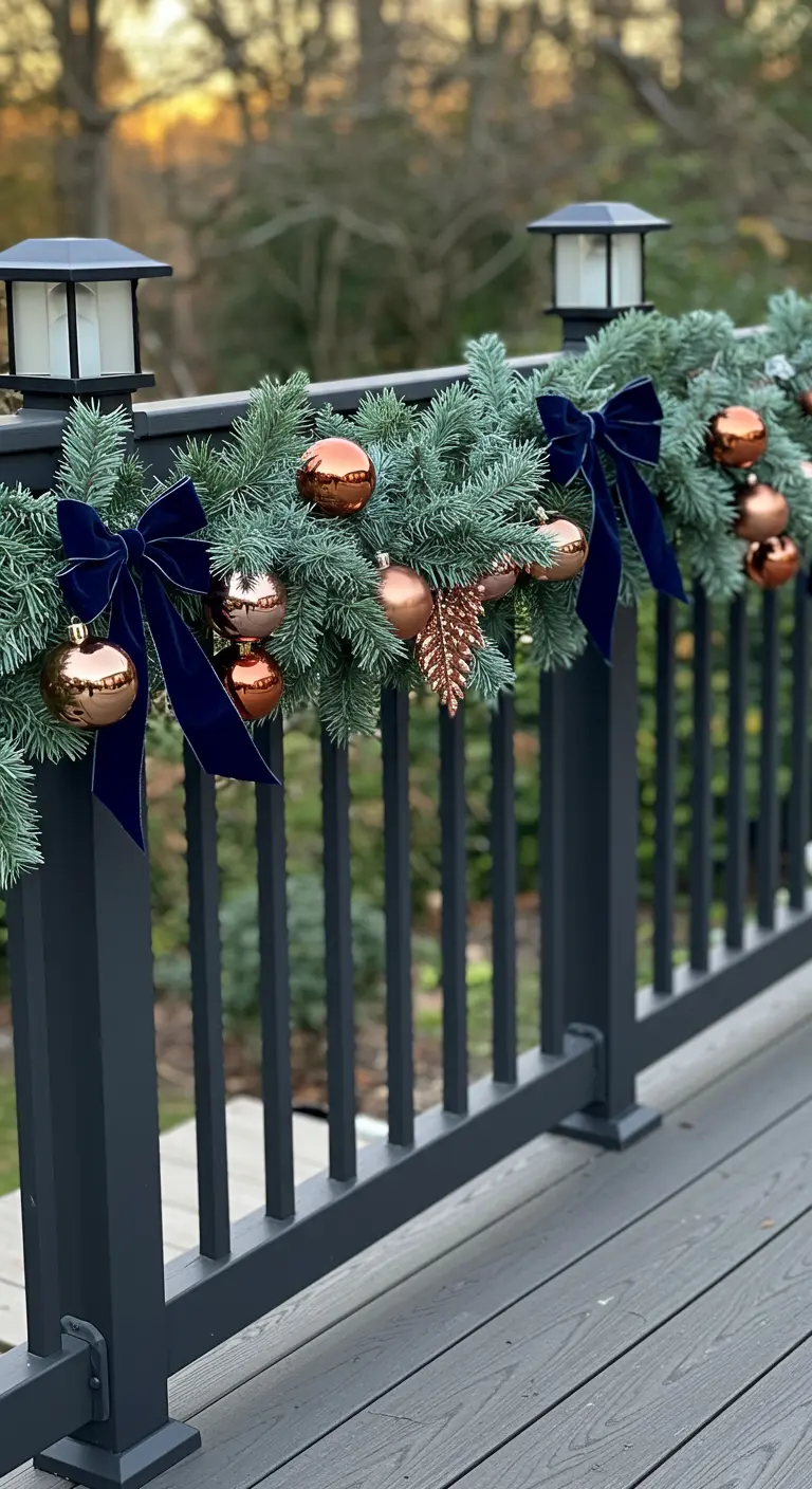 Modern dark gray railing with garland, navy velvet bows, and copper-toned ornaments.
