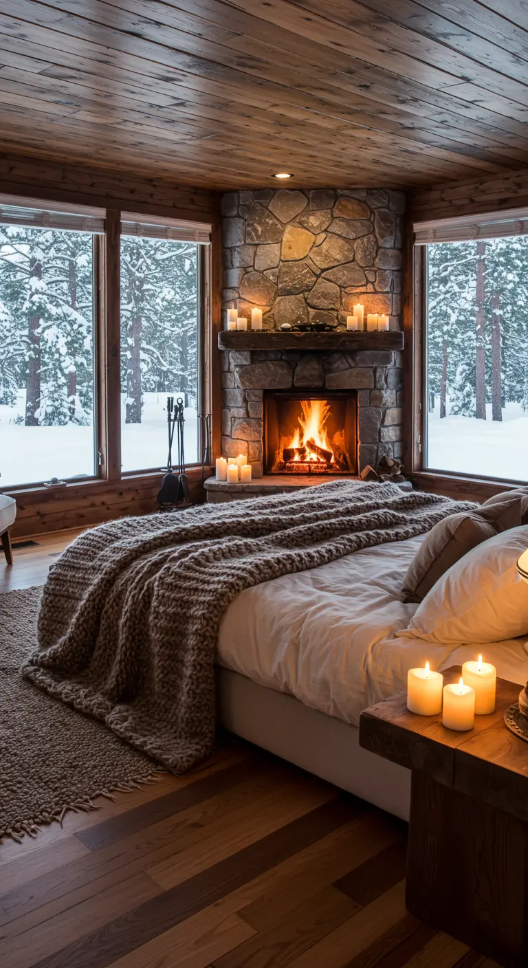 Cozy bedroom with a corner stone fireplace flanked by windows showing a snowy landscape.