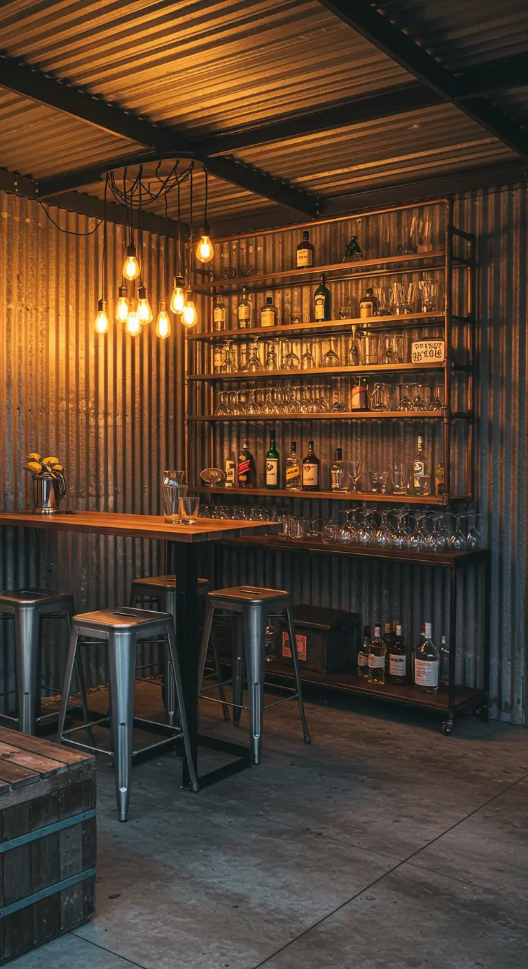 Outdoor bar with corrugated metal walls, pipe shelves stocked with bottles and glasses, and a bar counter.
