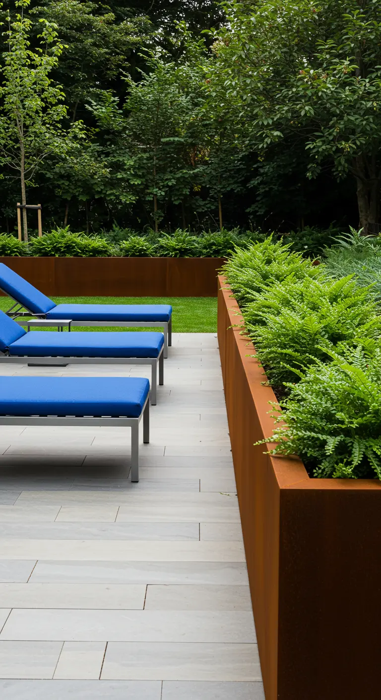 Blue chaise lounges next to a long Corten steel planter filled with bright green ferns.