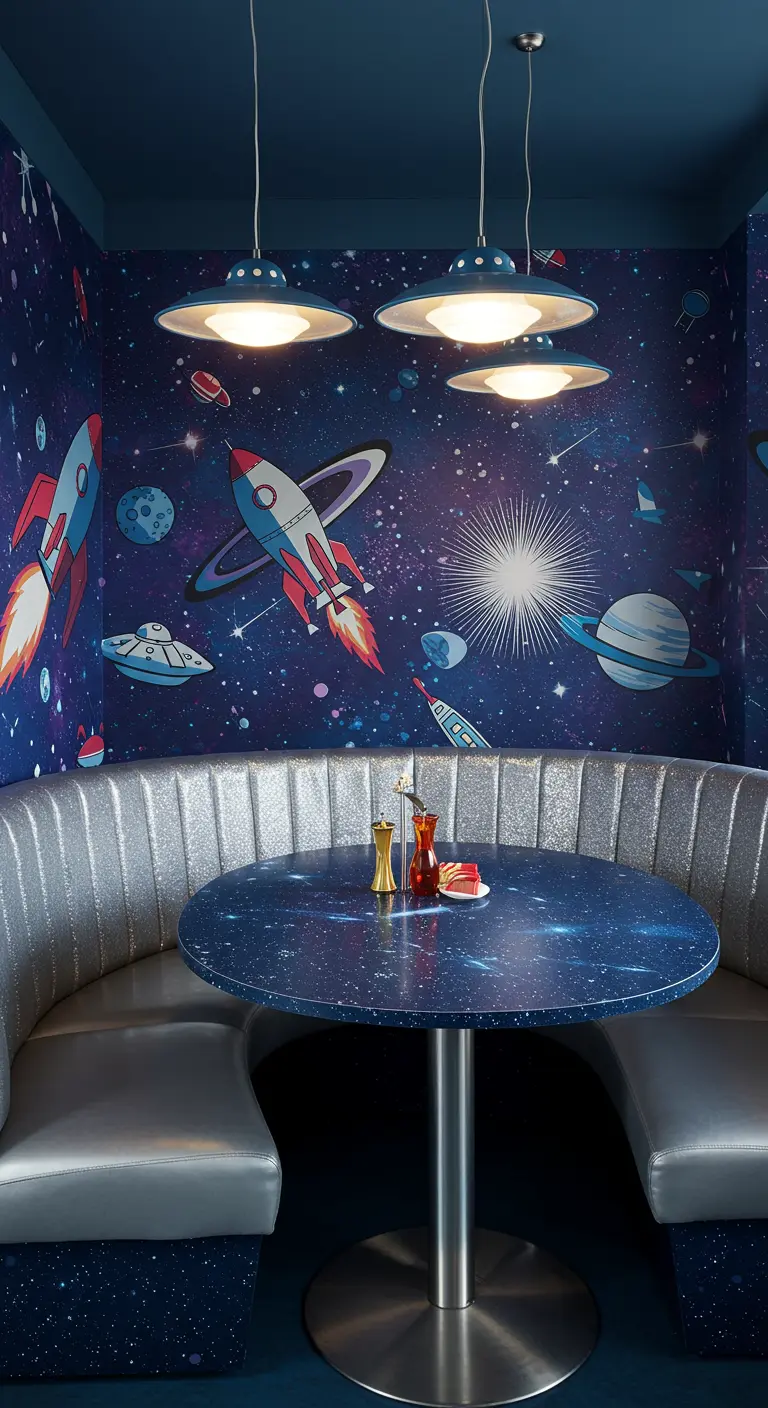 A space-themed dining booth with rocket wallpaper and a sparkly blue table.