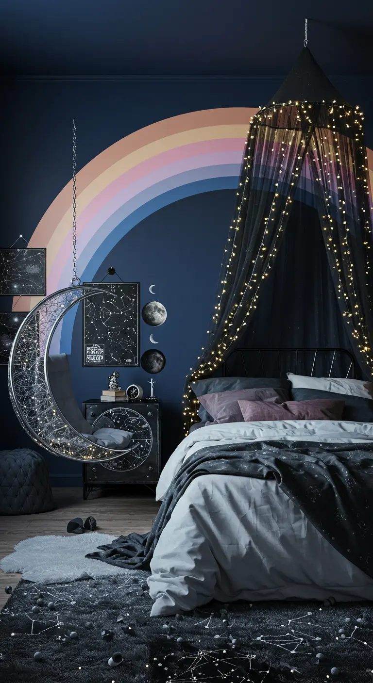 Celestial-themed bedroom with a painted rainbow on a navy wall and a hanging moon chair.