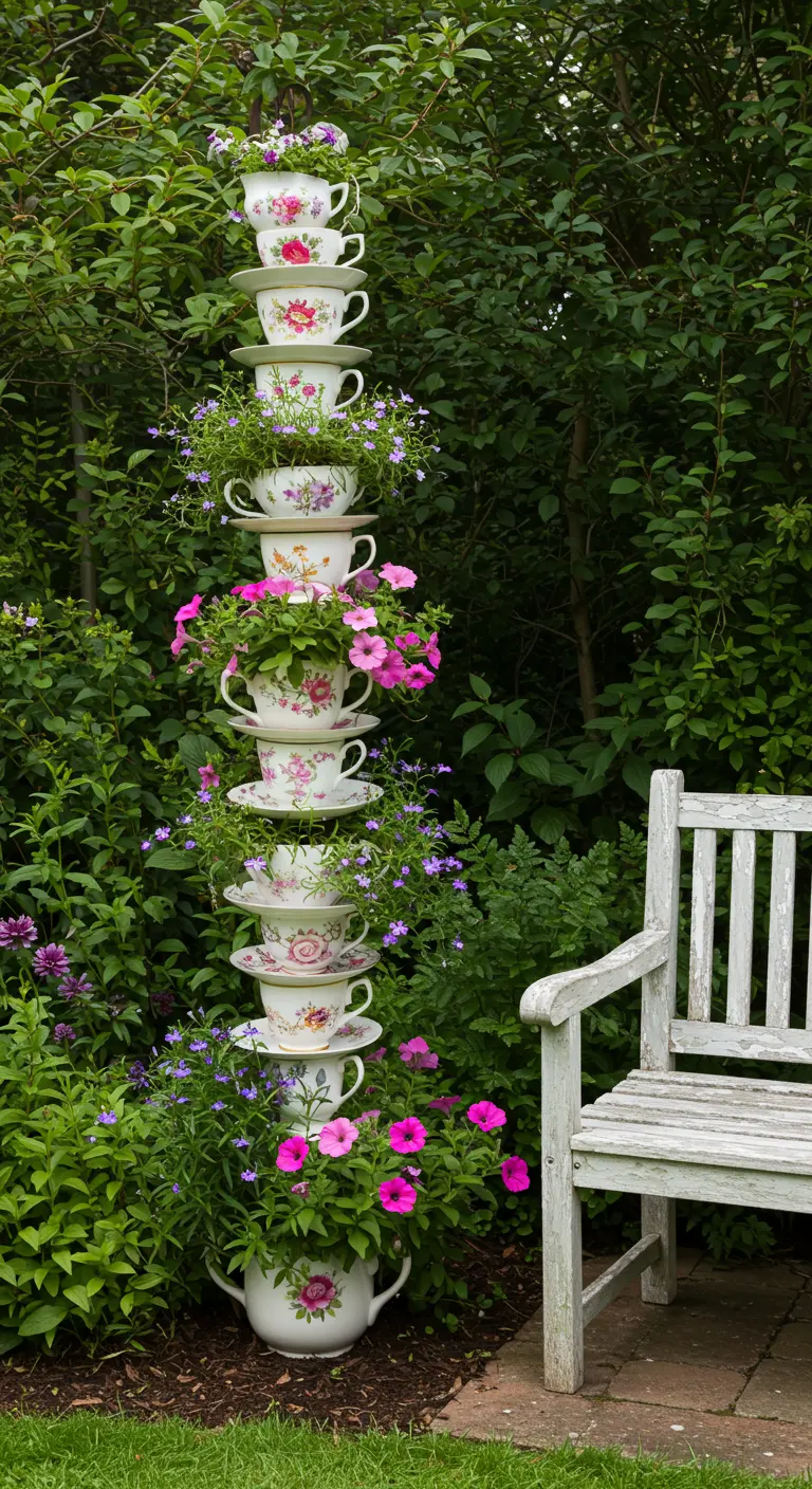 Tall stack of floral teacups planted with pink and purple flowers in a lush garden.