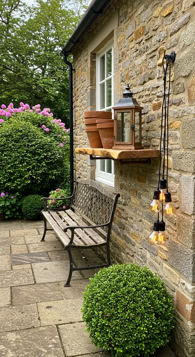 A single live-edge wood shelf on a stone wall, holding a lantern and pots, with hanging bulbs nearby.
