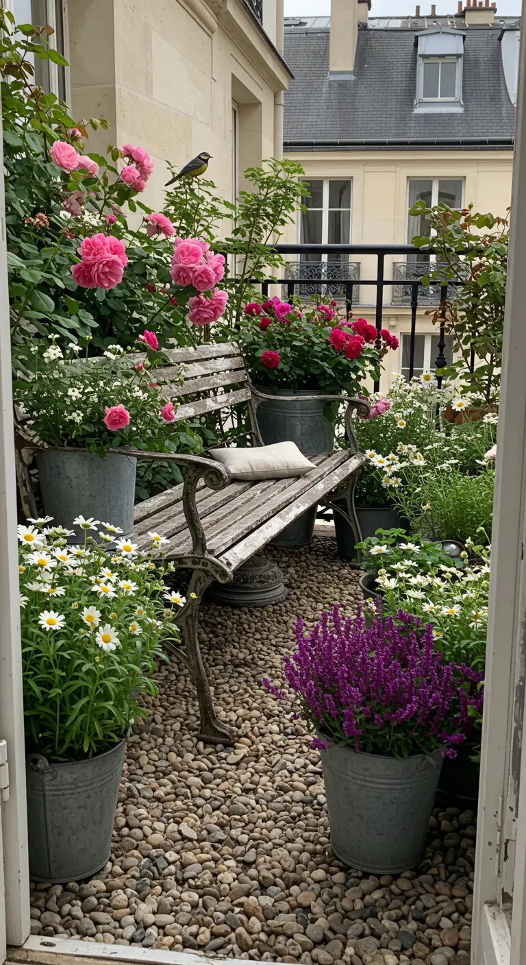 A weathered wooden bench on a pebble balcony, surrounded by pots of daisies, roses, and salvia.