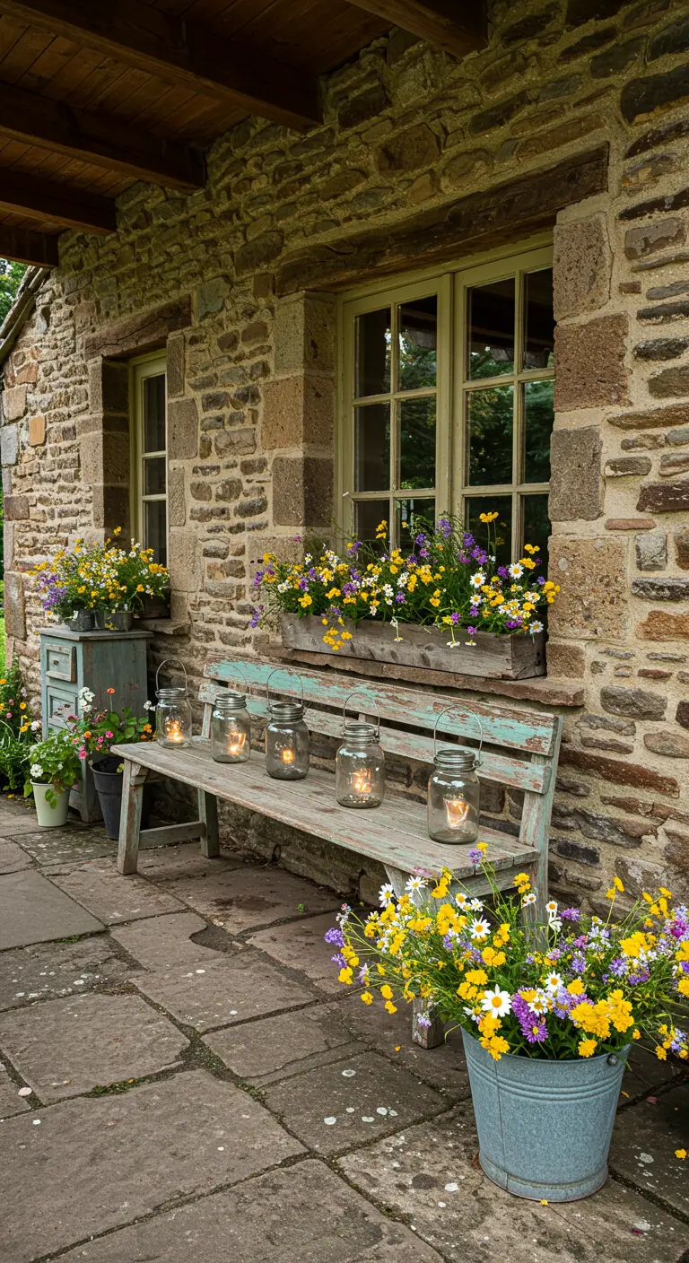 A weathered blue bench with mason jar lanterns sits below a rustic window box with flowers.