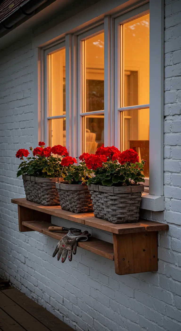 A thick teak shelf below a window holding three grey woven baskets with red geraniums.
