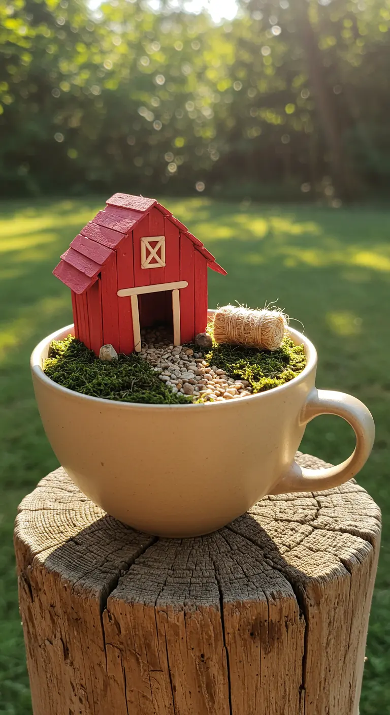 A cream-colored mug holds a miniature red barn scene with a gravel path and moss.