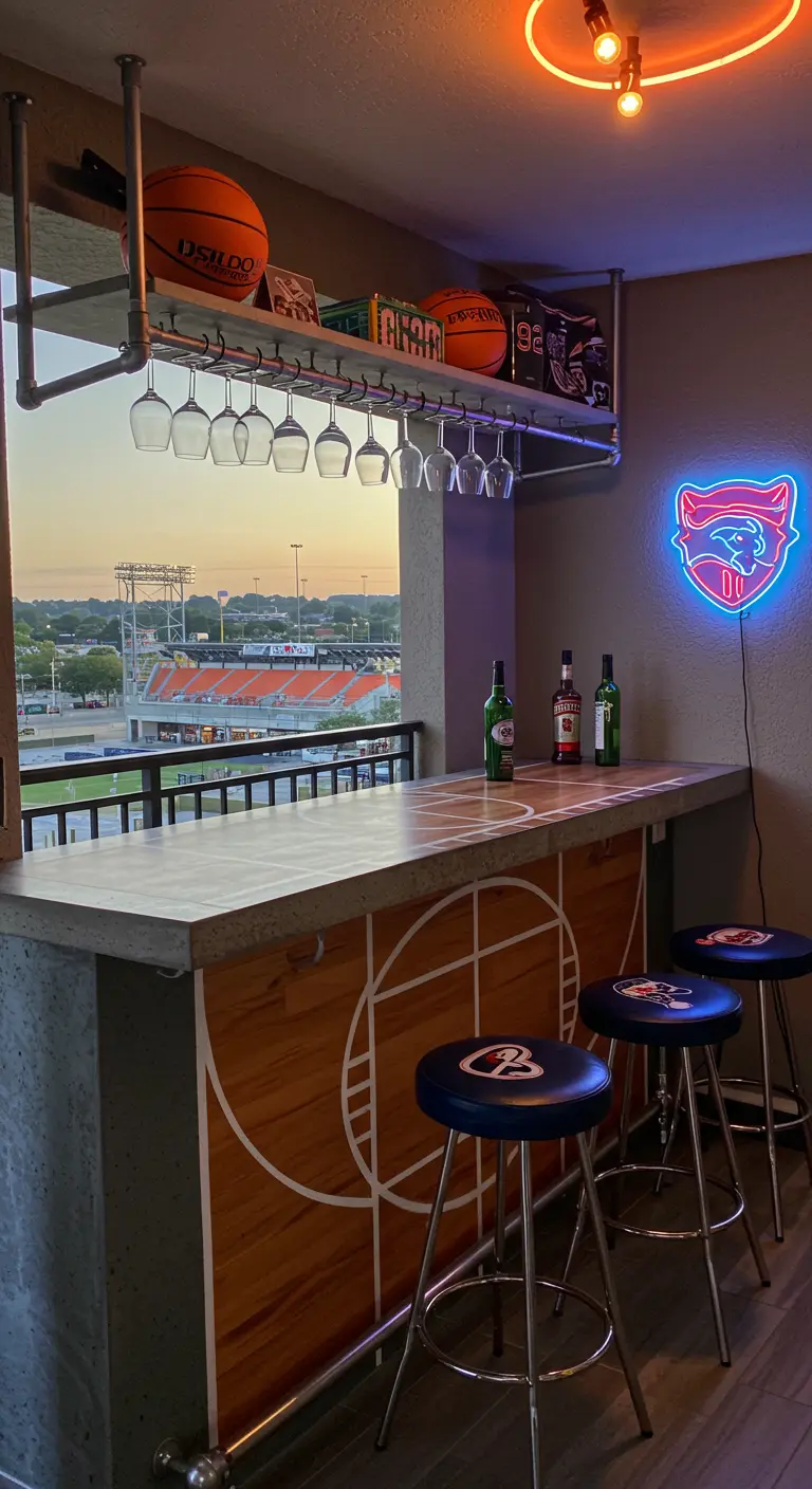 A sports-themed balcony bar with a basketball court design and a team logo neon sign.