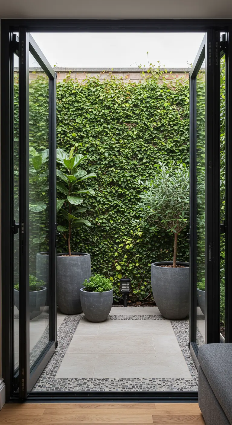 View of a small, lush courtyard through open black-framed bi-fold doors.