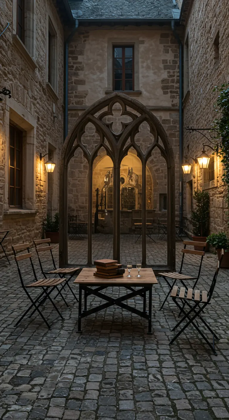 A massive, ornate gothic window frame stands in a cobblestone courtyard, creating a dramatic focal point.