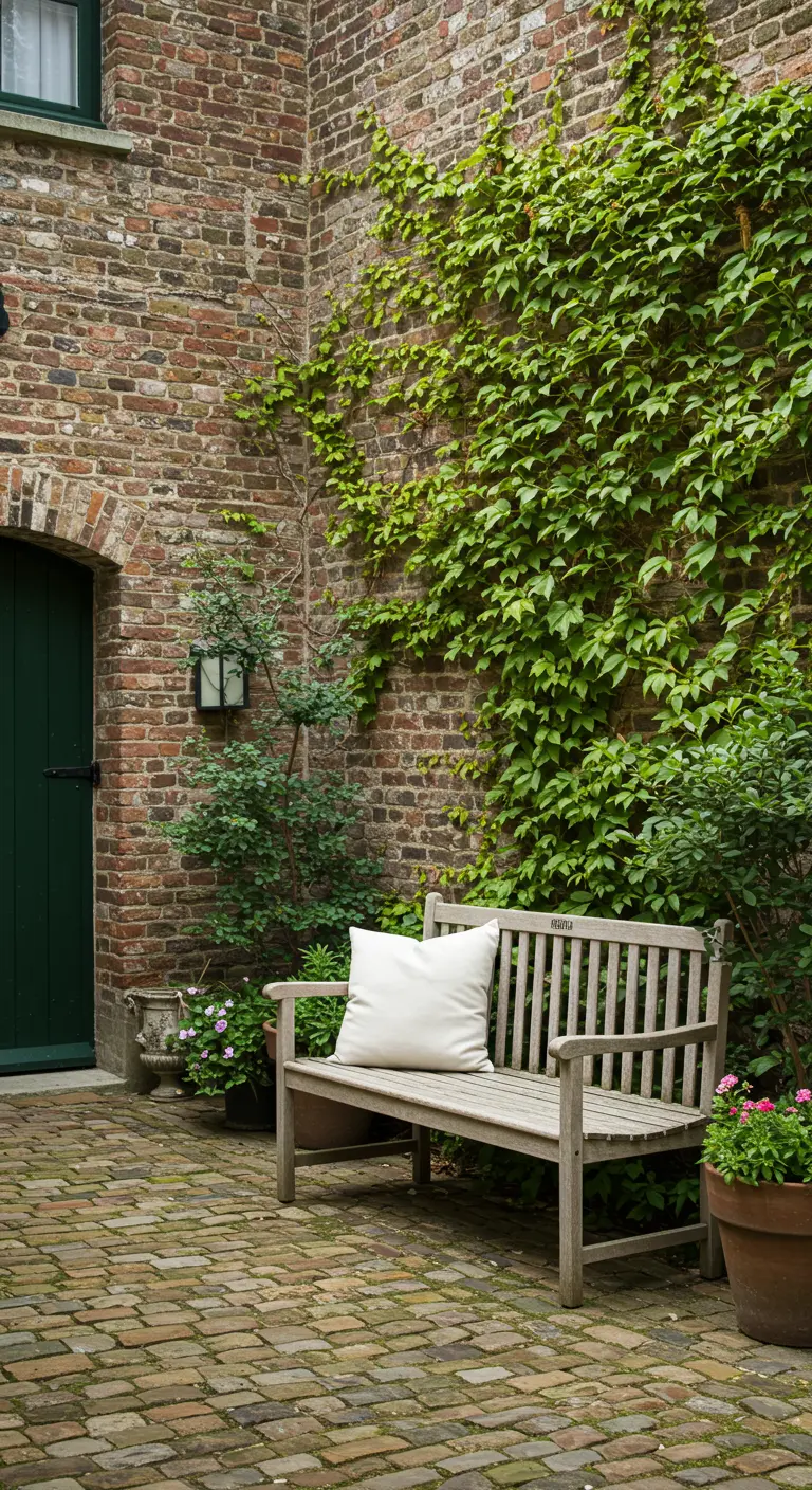 A weathered wood bench in a brick courtyard with climbing ivy and potted plants.