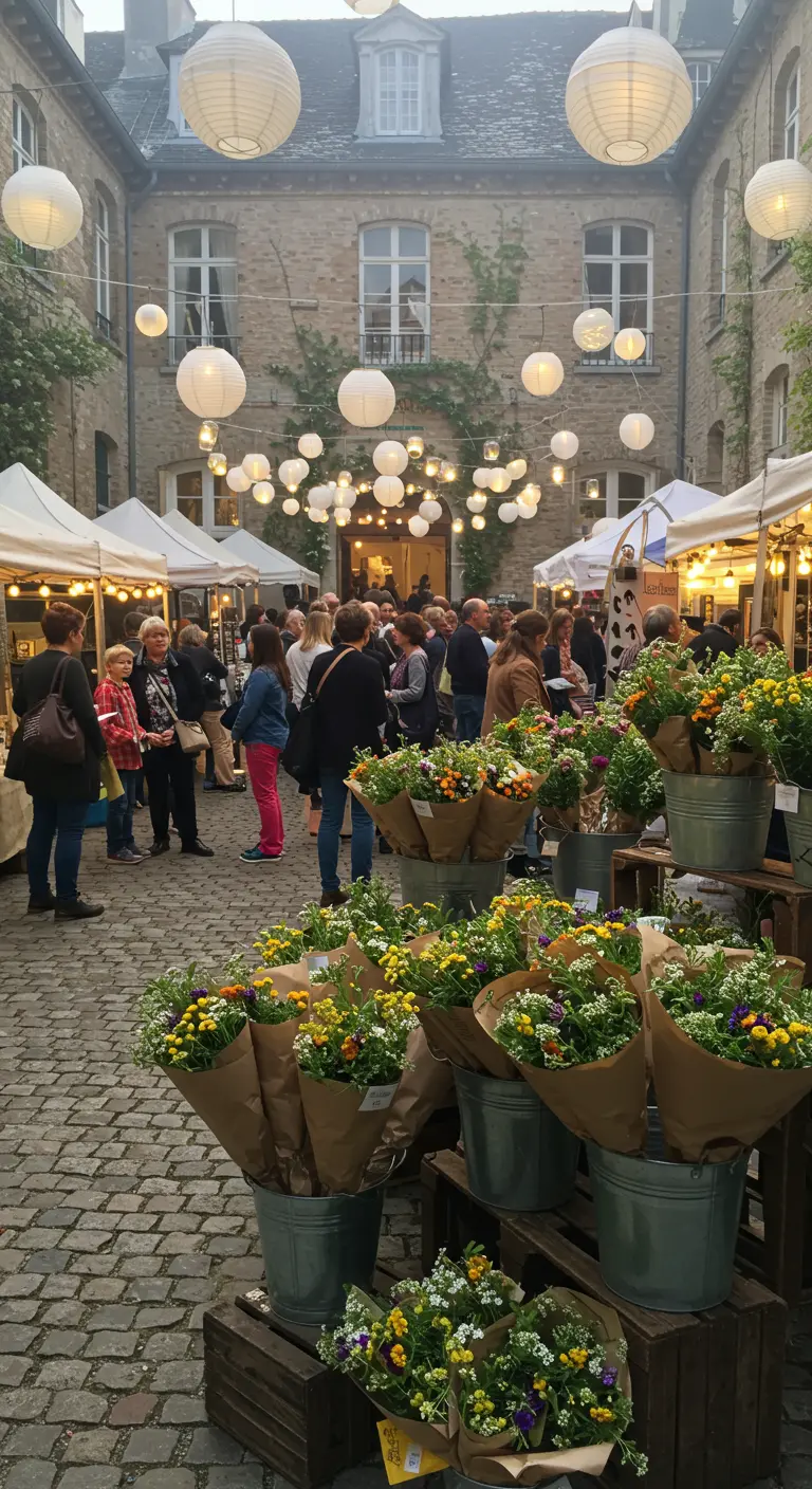 A bustling flower market in a cobblestone courtyard with paper lanterns hanging overhead.