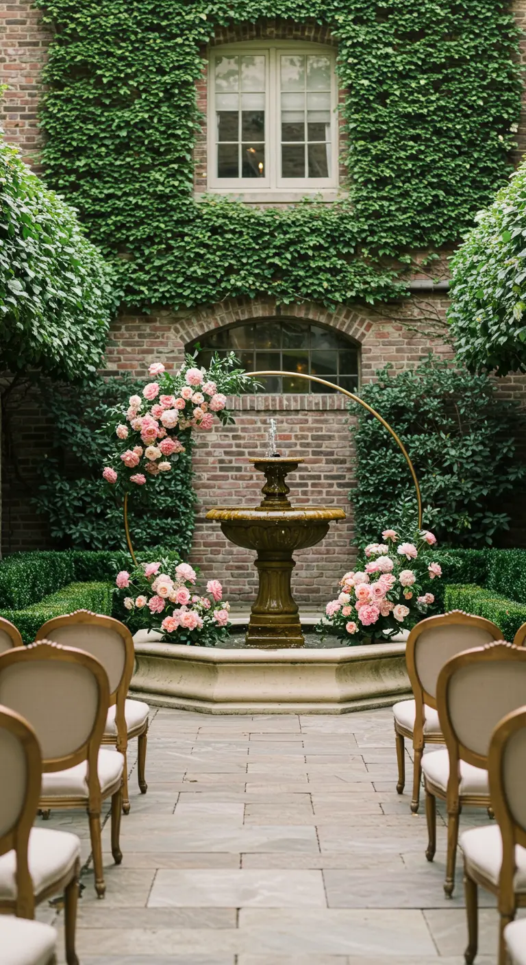 A gold floral hoop with pink roses framing a fountain in a brick courtyard.