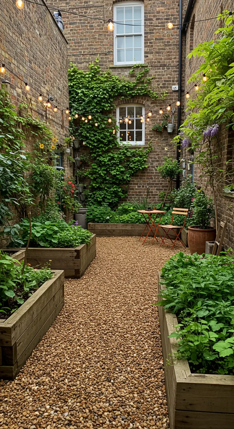 A narrow brick courtyard with raised garden beds, gravel, and string lights.