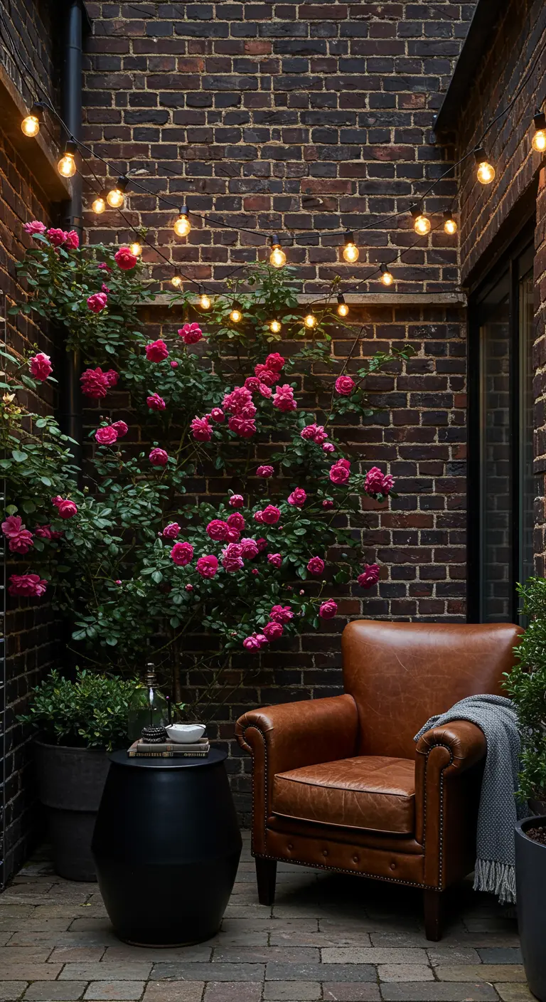A cozy reading corner in a brick courtyard with a leather armchair and a large pink rose bush.