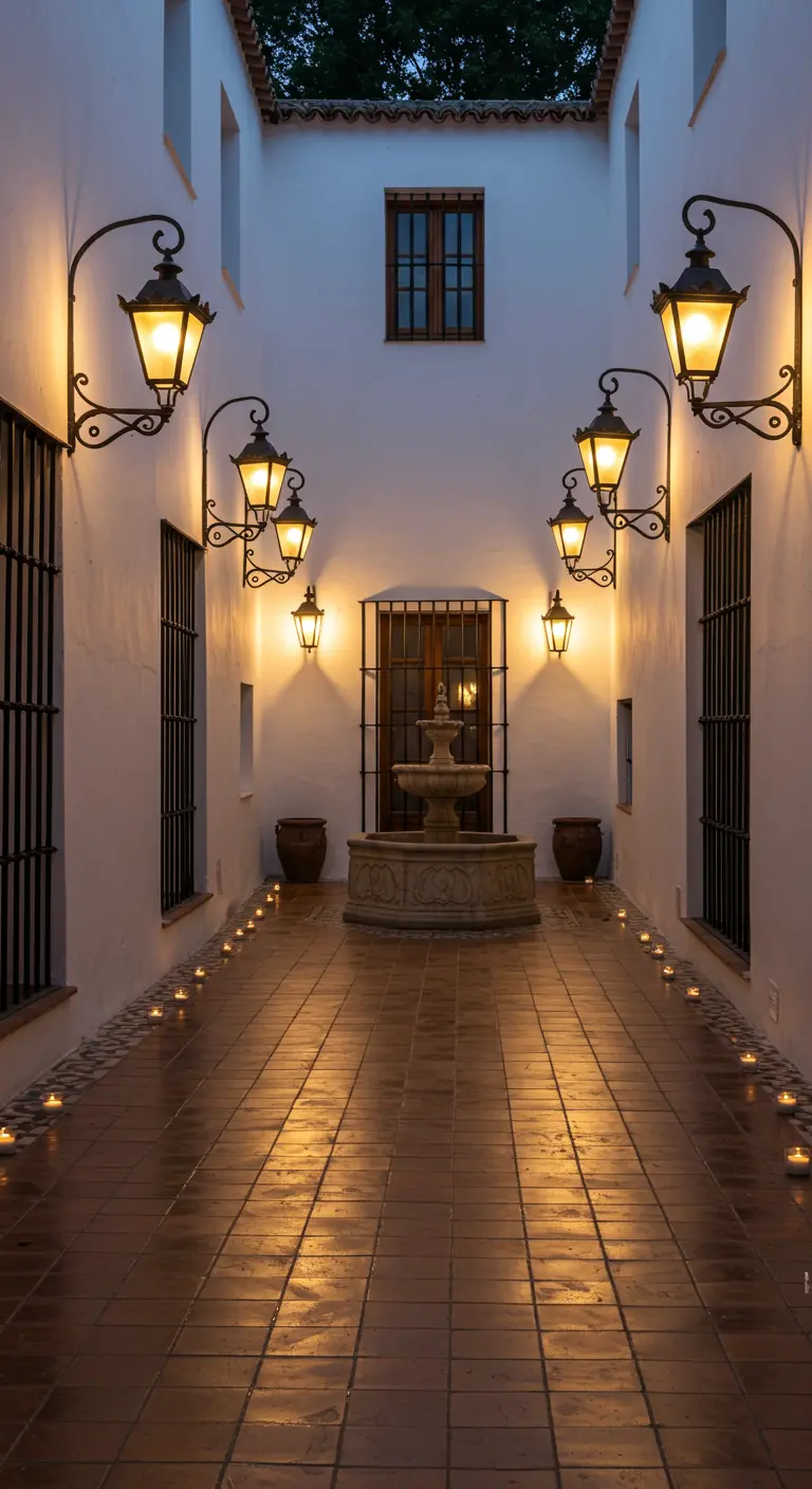 A long, narrow courtyard with a fountain, lit by wall sconces and rows of floor candles.