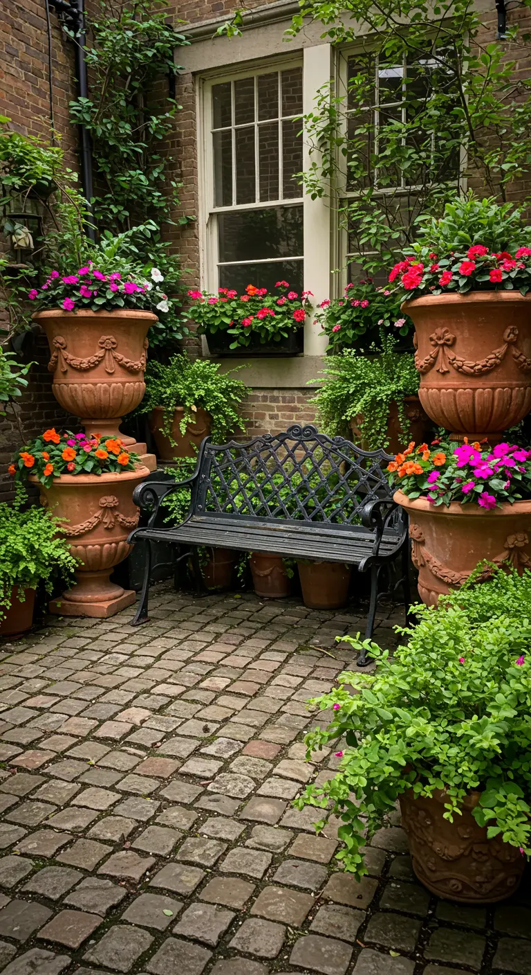 A brick courtyard filled with ornate terracotta urns of flowers surrounding a black iron bench.