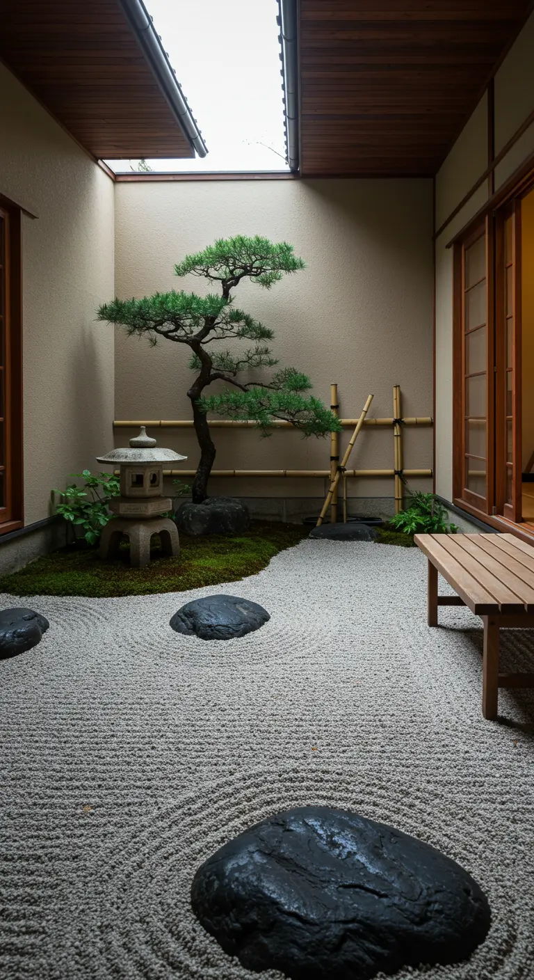 A minimalist Japanese Zen garden with raked gravel, a bonsai, and a stone lantern.