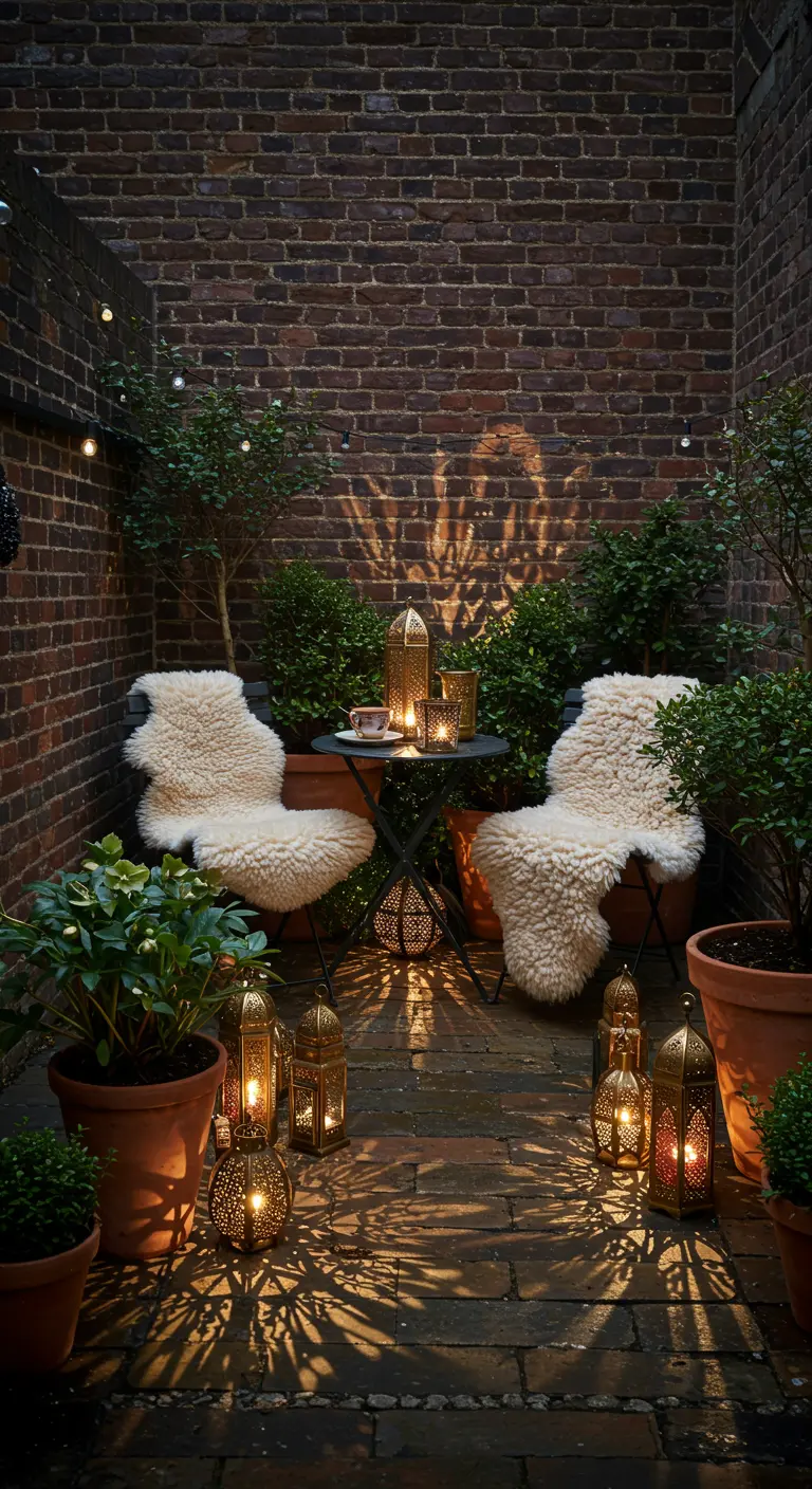 A small brick courtyard with sheepskin throws on chairs and ornate lanterns casting patterns.