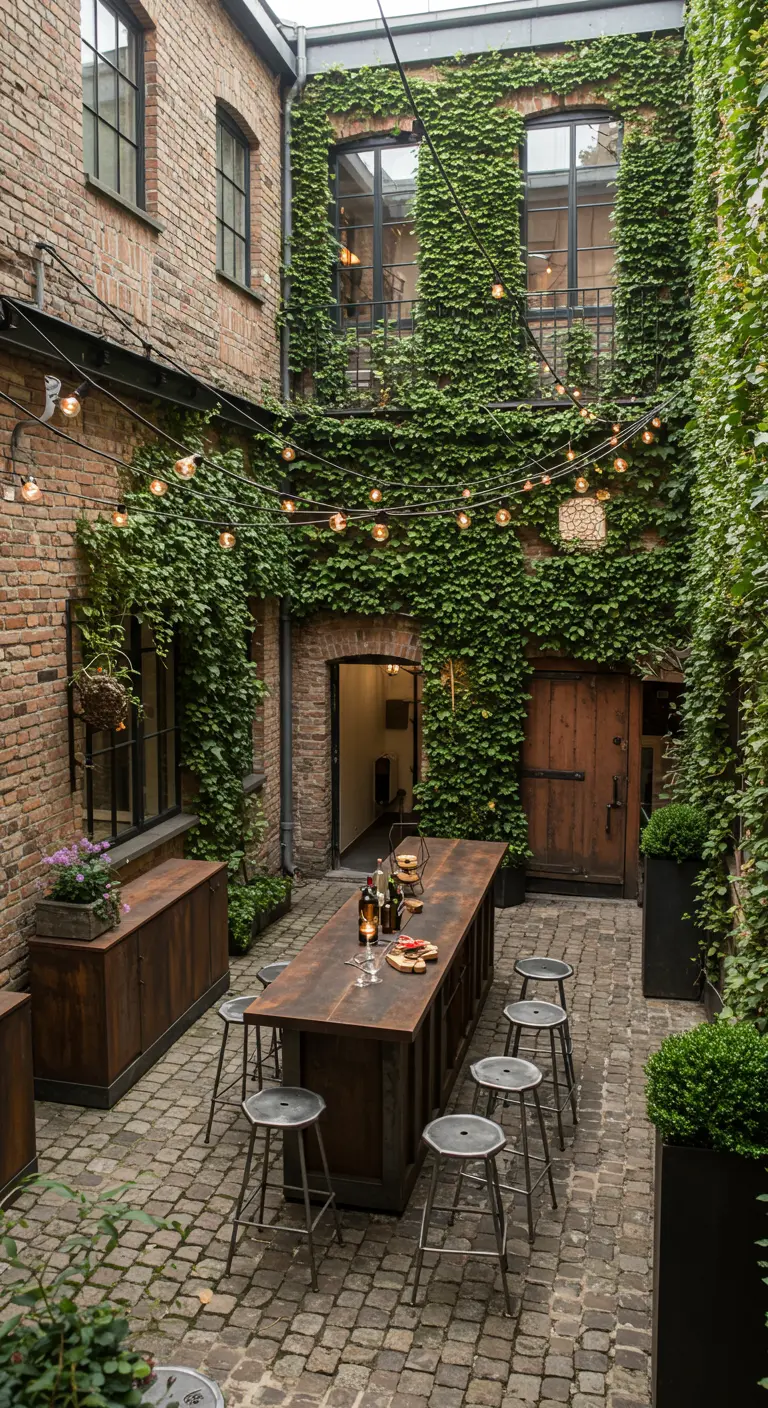 Brick courtyard with a dark wood bar and walls covered in climbing ivy.