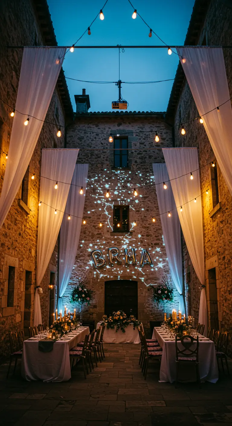 A stone courtyard party at night with draped fabric, lights, and a star projection on the wall.