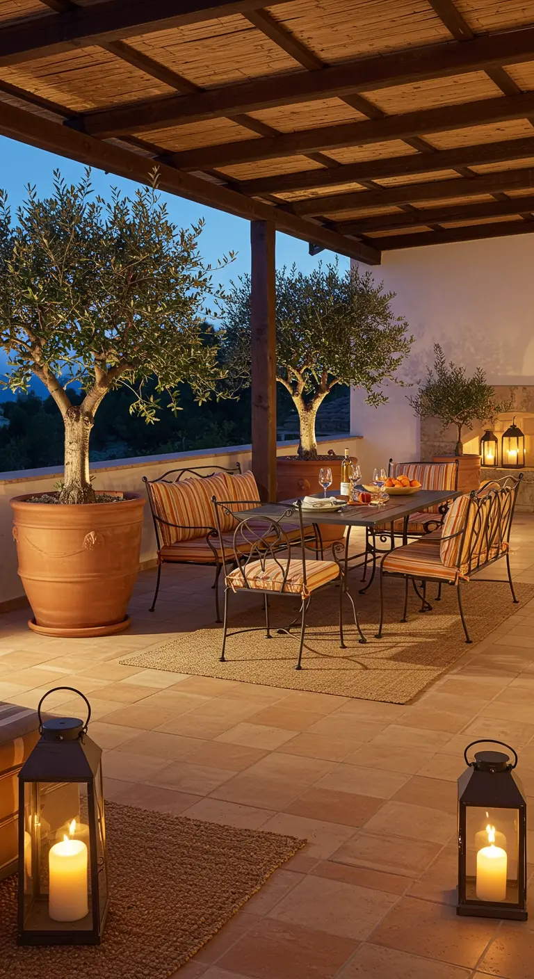 A spacious terracotta patio with olive trees, a dining set under a pergola, and lanterns.