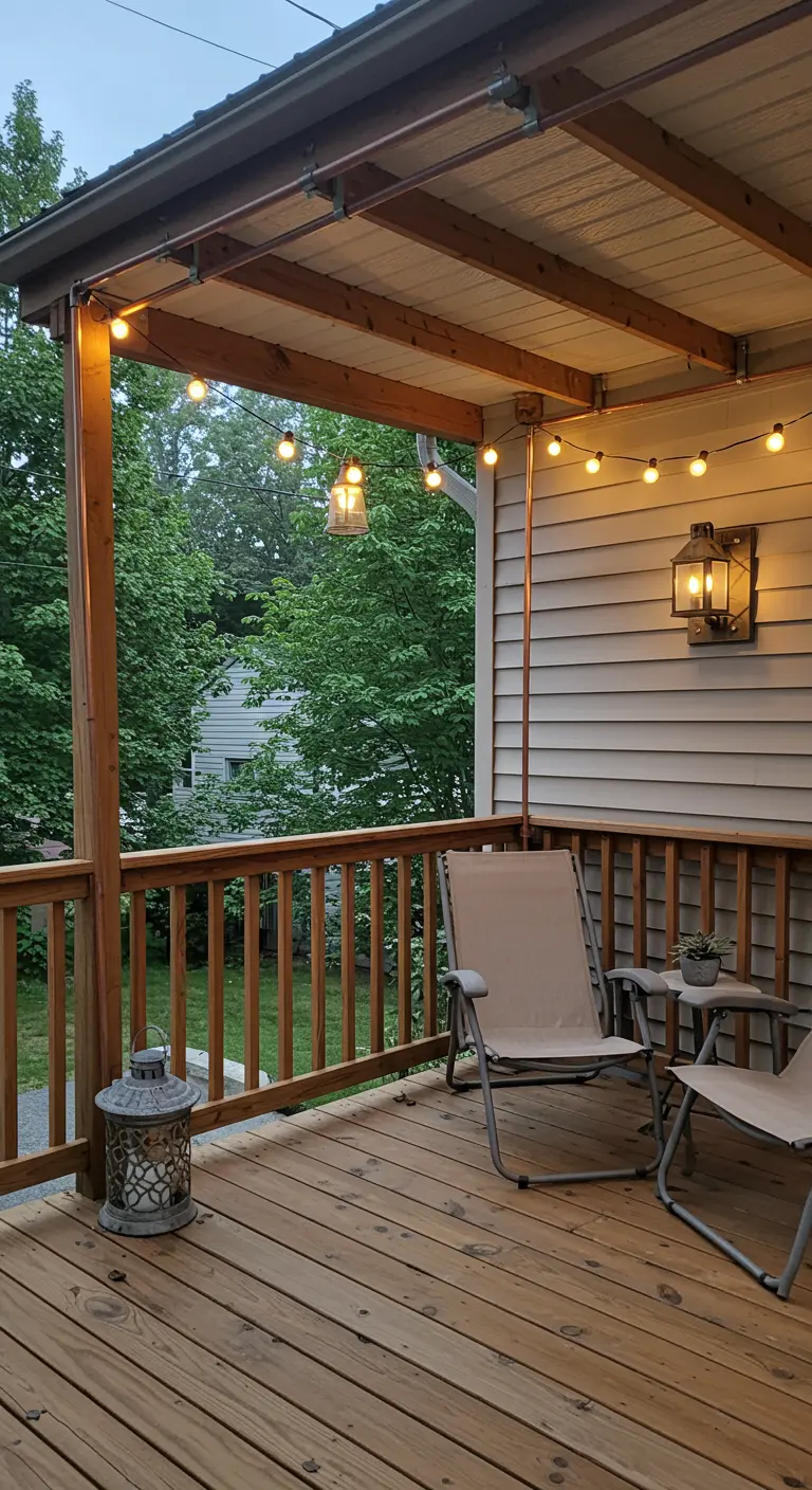 Copper pipes mounted under a porch roof, holding string lights neatly in place.
