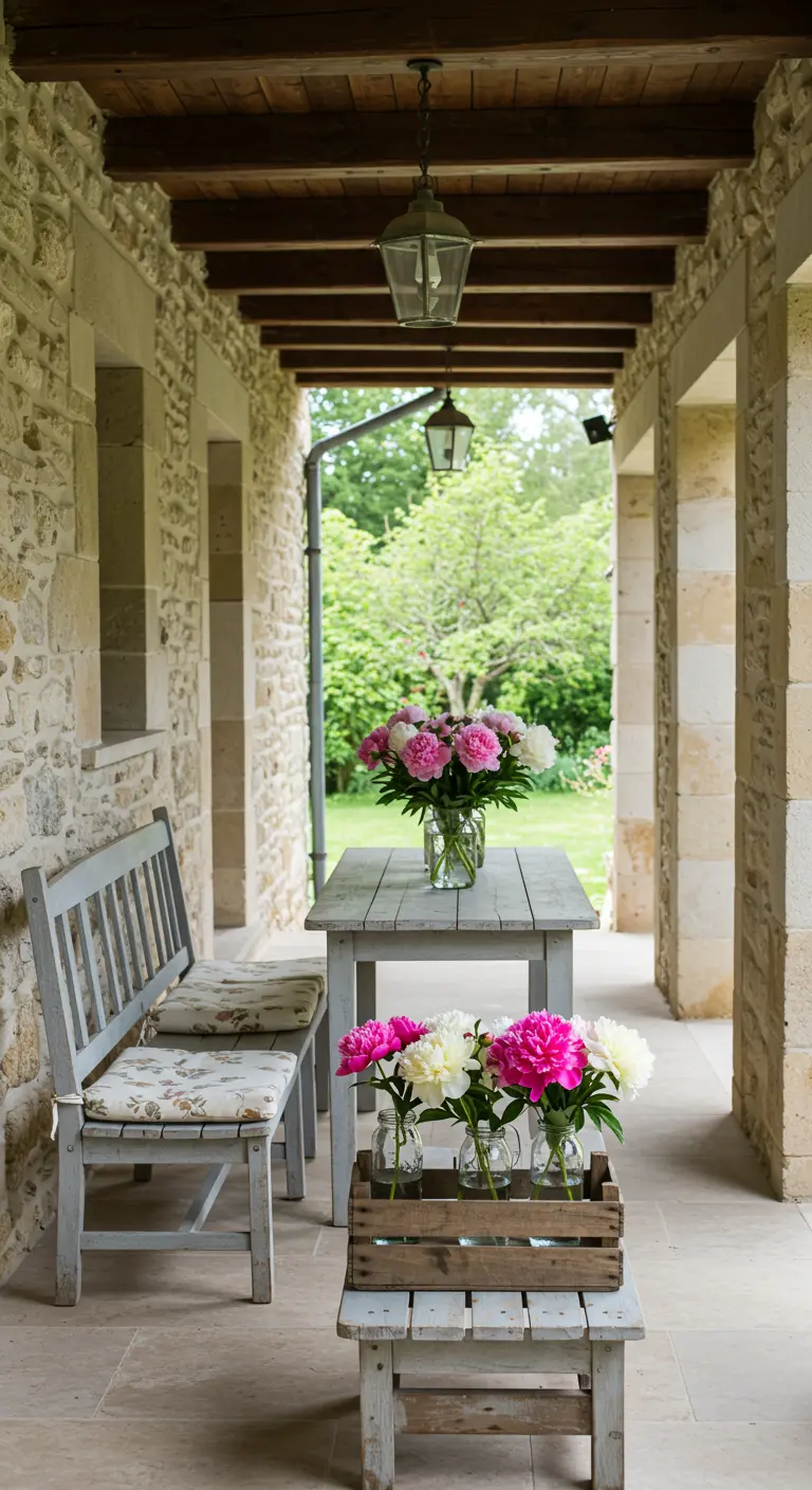 A grey bench and table on a stone porch, styled with peony bouquets.