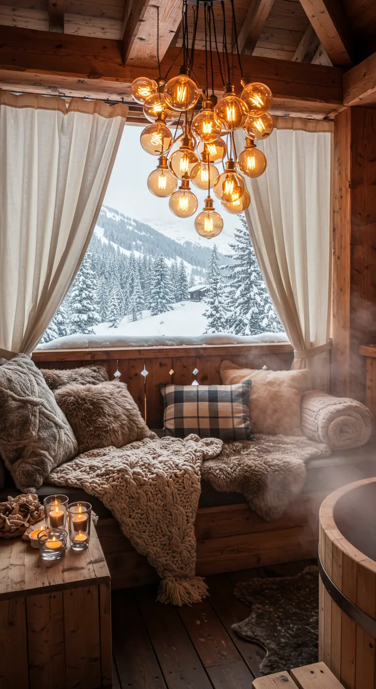 A cozy wooden daybed on a chalet balcony with fur throws, looking out on a snowy landscape.
