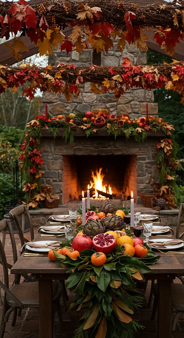 A stone fireplace and dining table lavishly decorated with autumn leaves and harvest fruits.