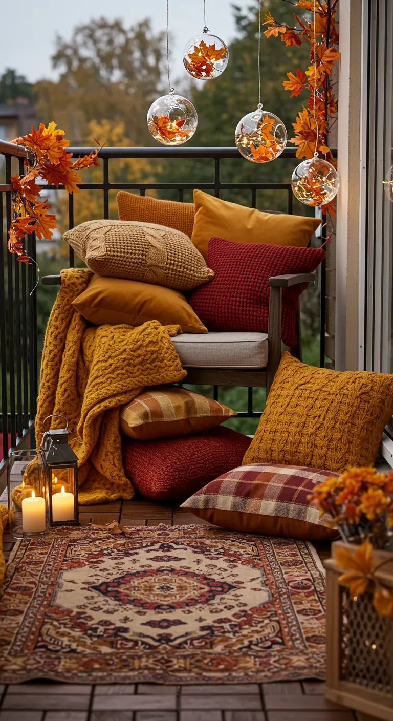 A cozy fall balcony piled high with yellow, orange, and red knit pillows and throws.