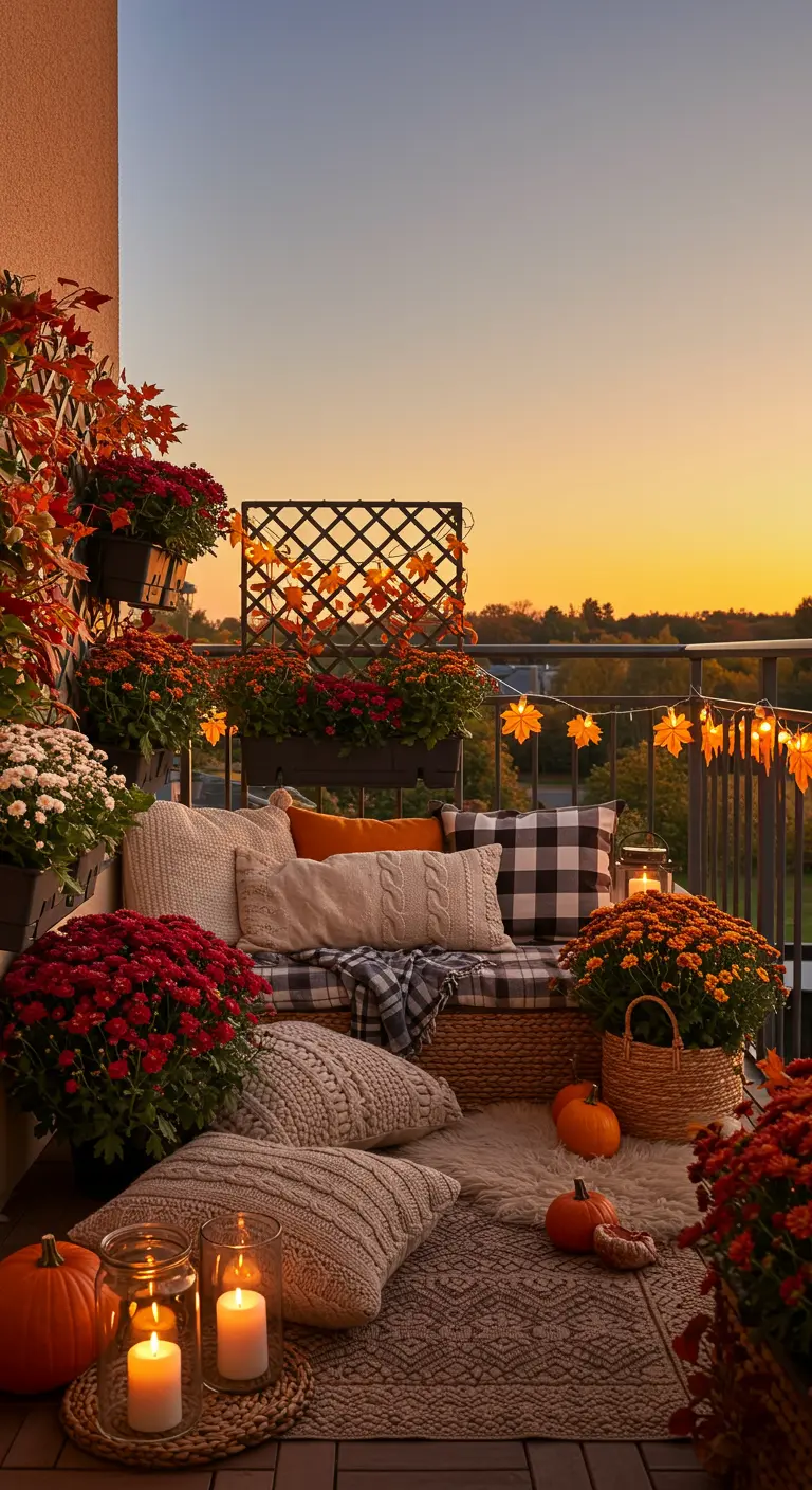 An autumn-themed balcony with pumpkins, chrysanthemums, knit pillows, and leaf-shaped lights.
