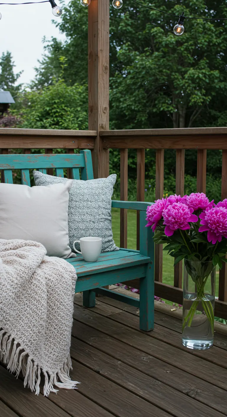 A teal bench on a wooden deck with cozy pillows, a throw, and a vase of peonies.