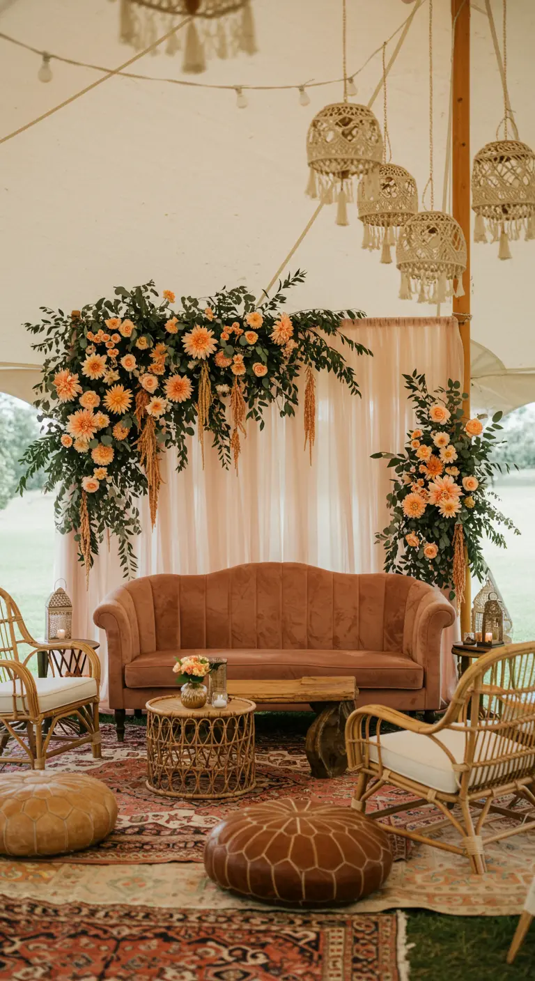 A boho wedding lounge with a velvet sofa, rattan chairs, and a peach tulle backdrop with flowers.