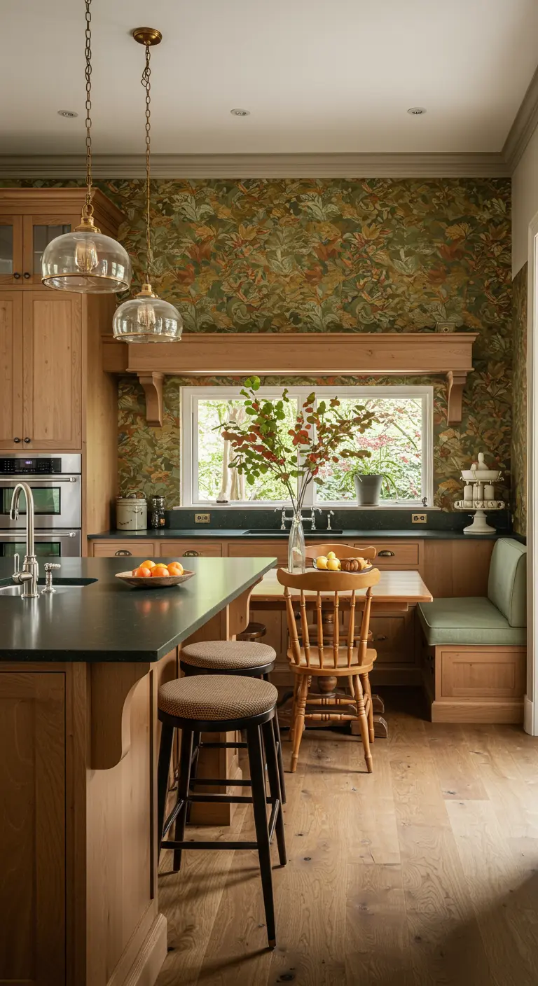 A kitchen breakfast nook with a built-in green banquette and warm botanical wallpaper.