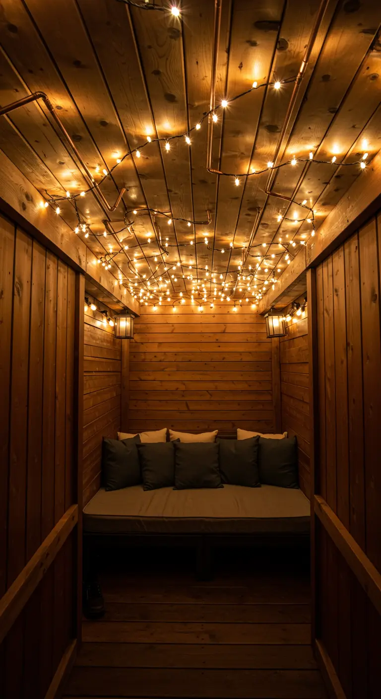 A wood-paneled ceiling covered in a grid of copper pipes and a dense web of fairy lights.