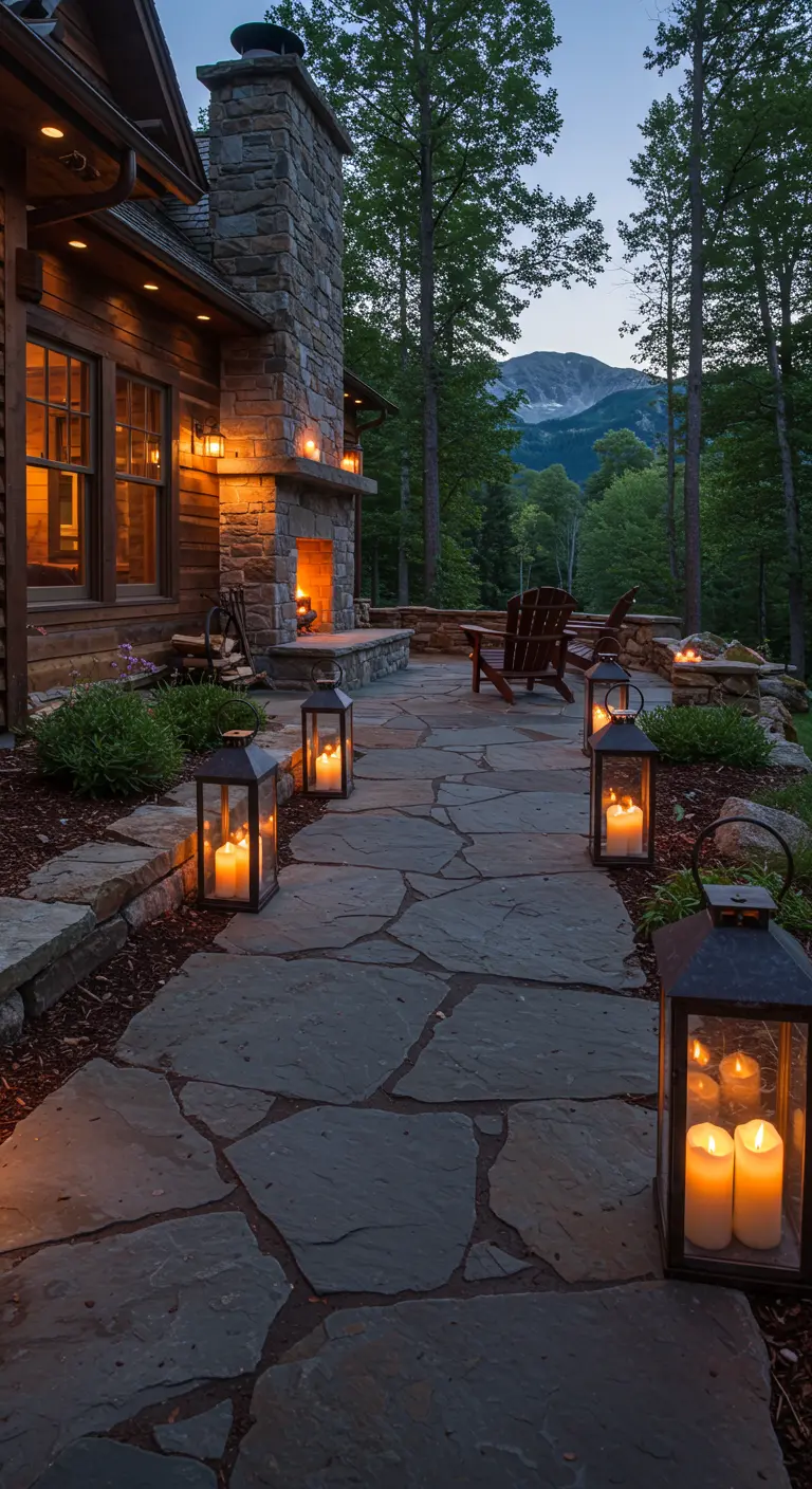 A flagstone path leading to a rustic stone fireplace is lit by several black lanterns.