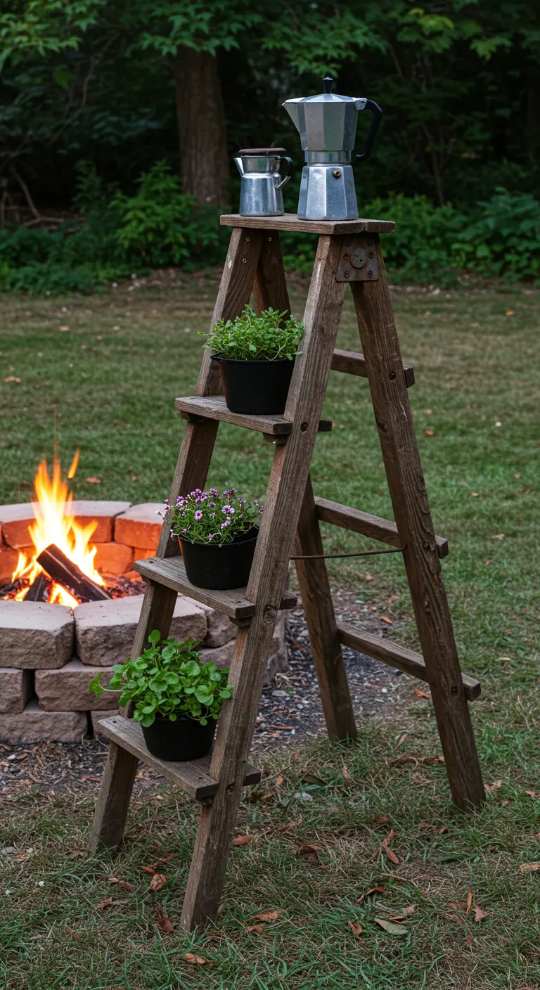 A small rustic ladder next to a fire pit, holding a coffee pot and a few potted plants.