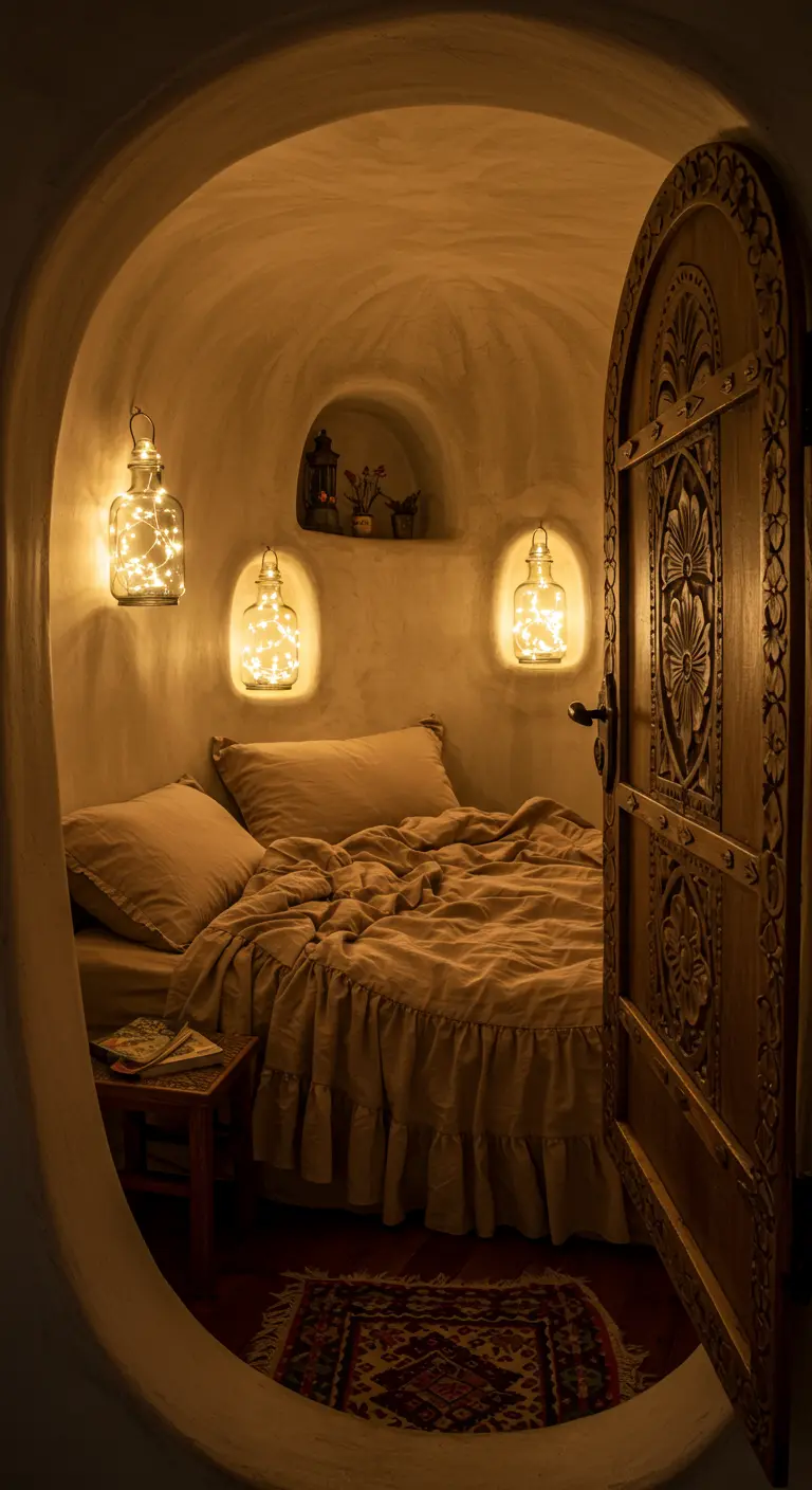 Cozy bed nook in a cave-like room with jar fairy light sconces.