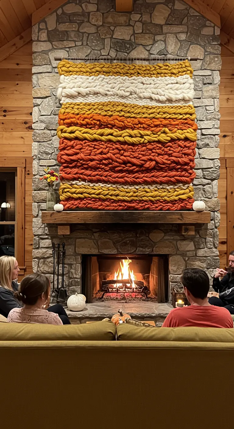 A large chunky knit woven tapestry over a stone fireplace