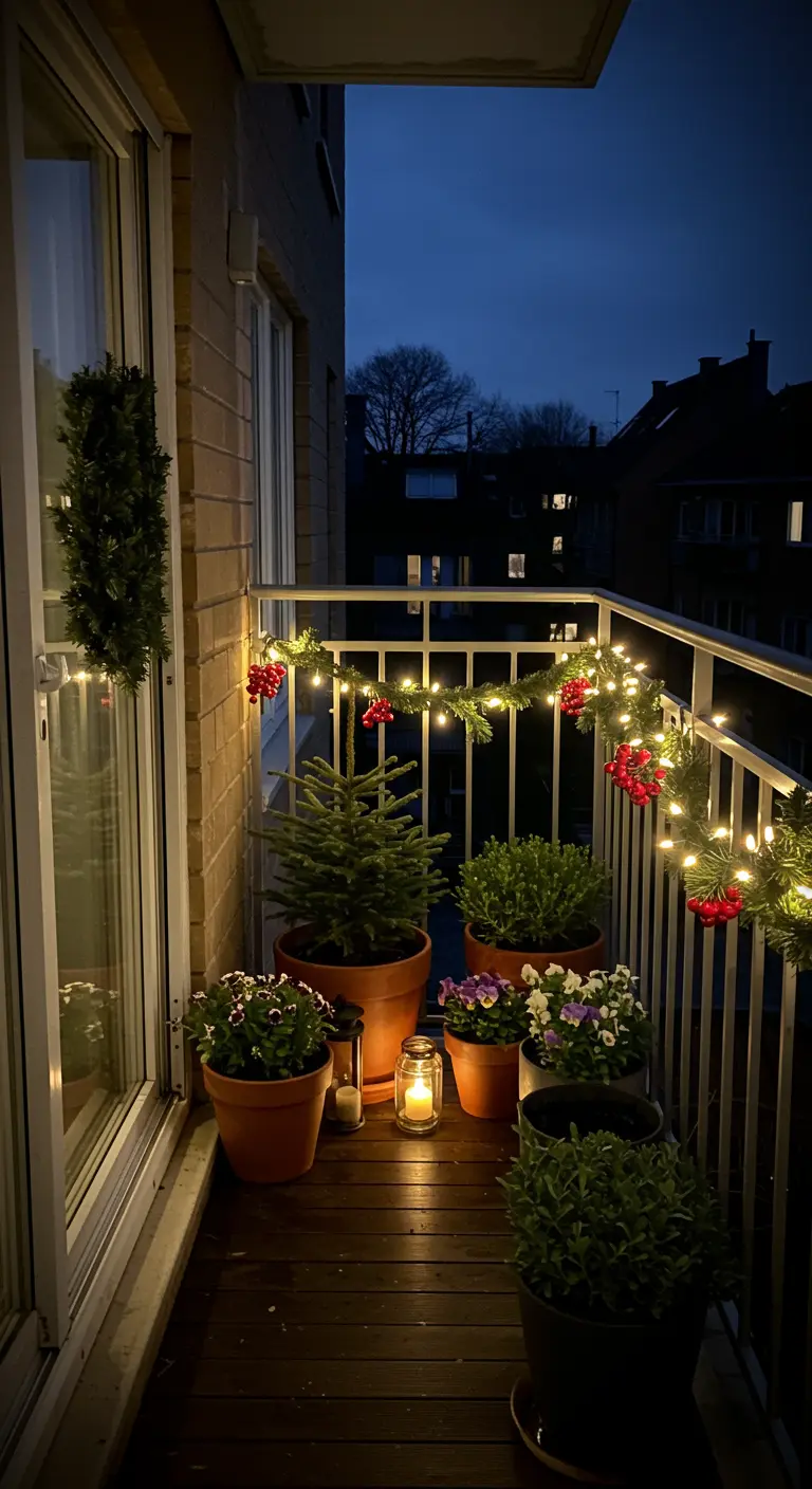 A small city balcony at night, decorated with a lighted garland, potted plants, and a lantern.