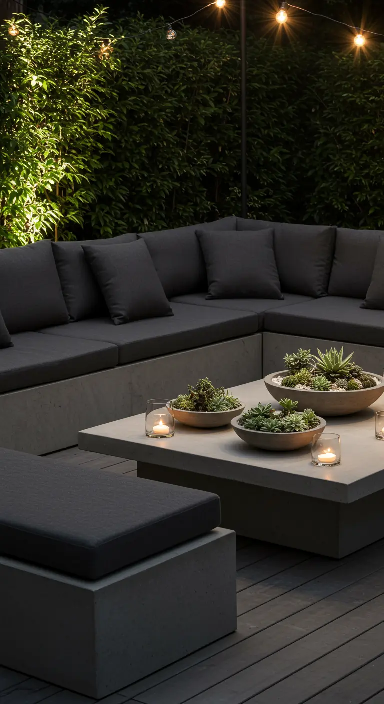 A large, U-shaped concrete sectional with dark cushions and a matching coffee table at night.