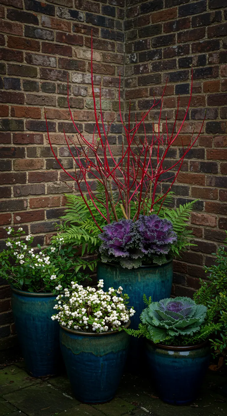 A cluster of teal glazed pots in a brick corner with kale, ferns, and red dogwood.
