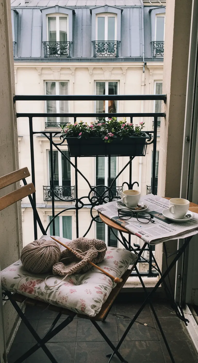 A chair on a balcony with a knitting project, coffee, and a newspaper.
