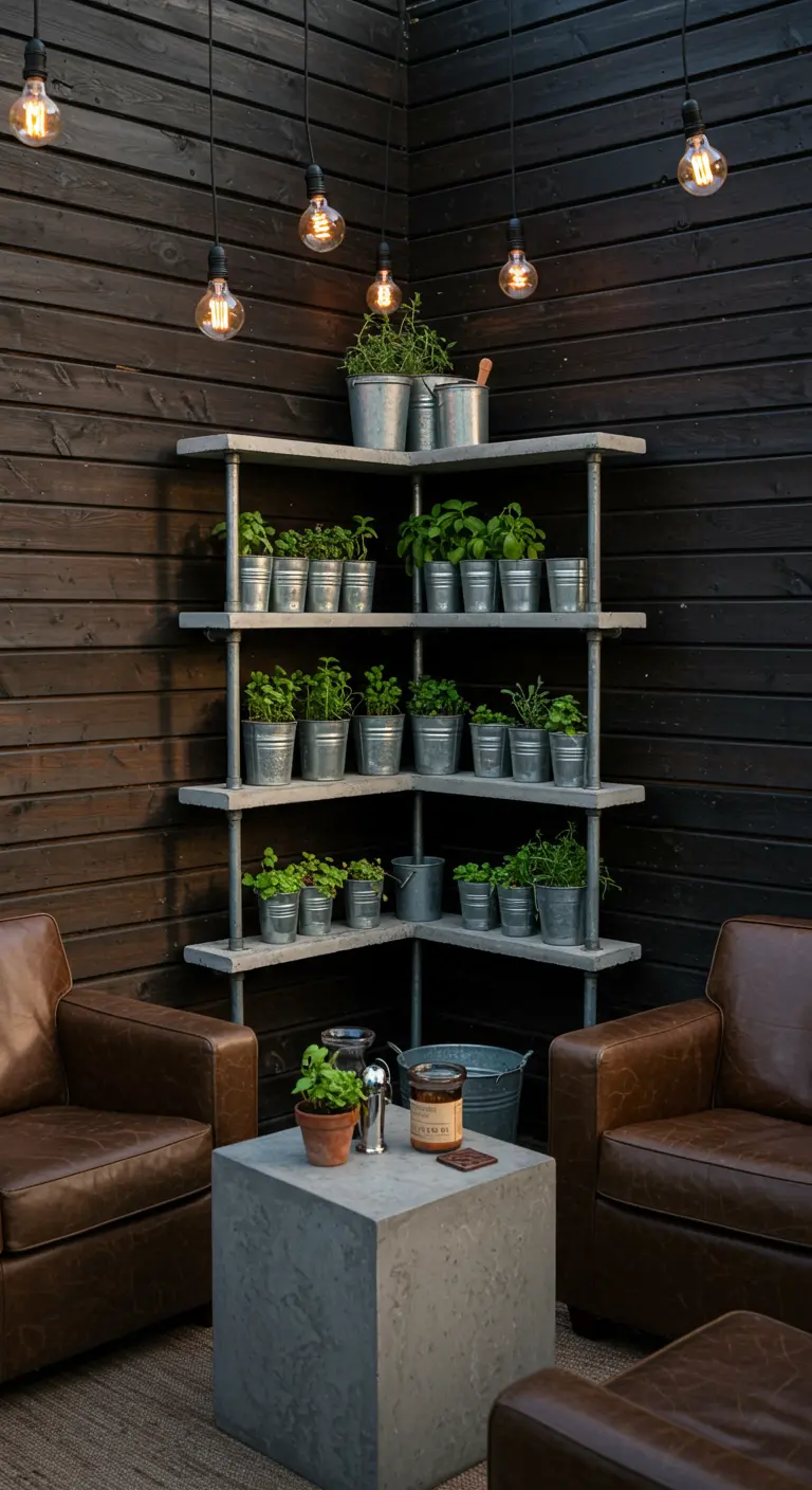 Corner industrial pipe shelf with herbs in galvanized buckets, set against a dark wood wall.