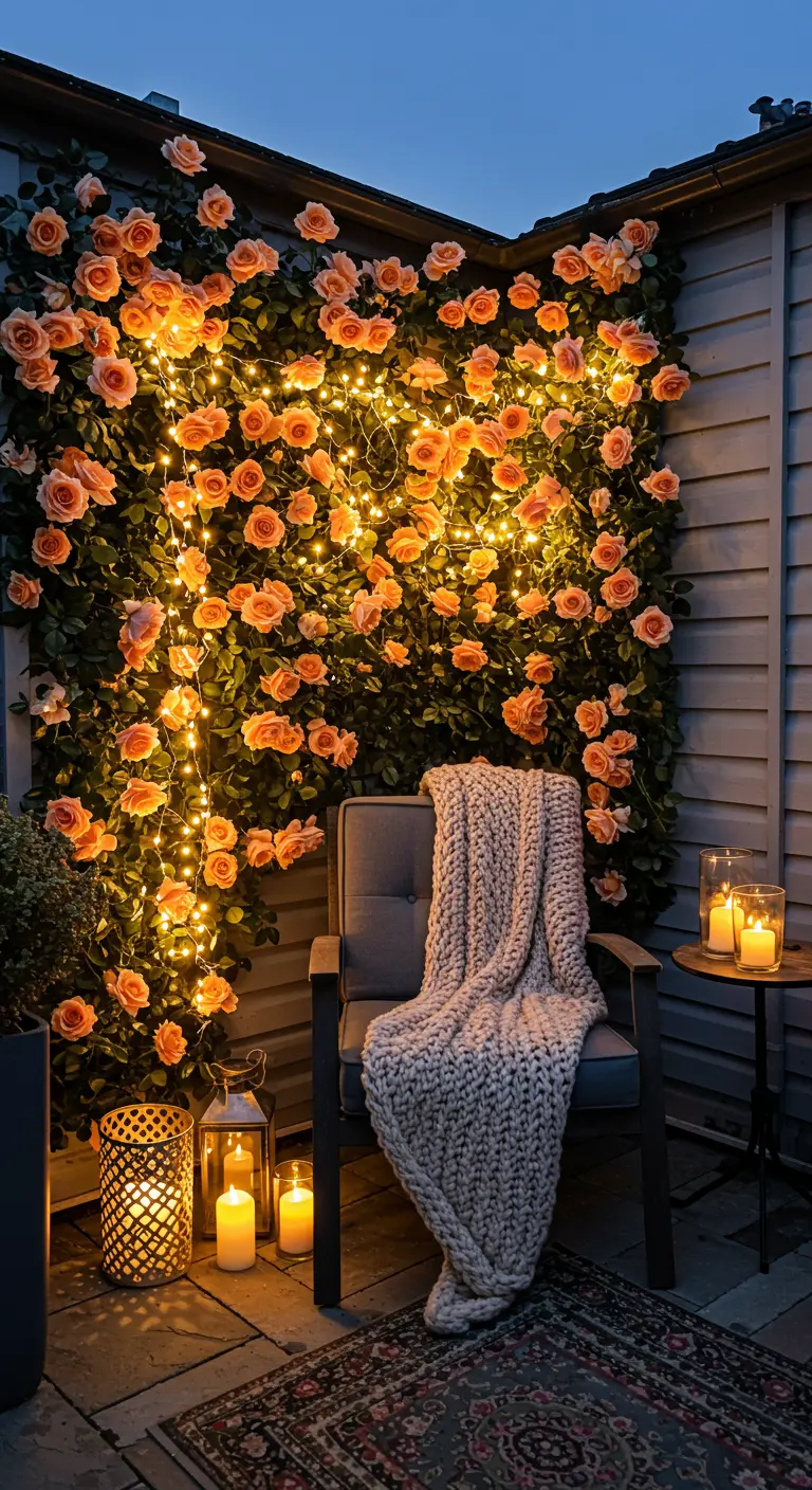 A cozy chair tucked into a corner wrapped in peach roses and fairy lights, with a chunky knit blanket.