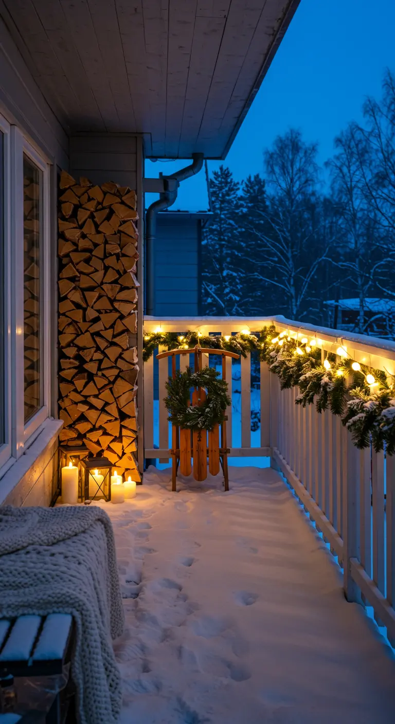Narrow snowy balcony with a tall firewood stack, sled with a wreath, and cozy blanket.