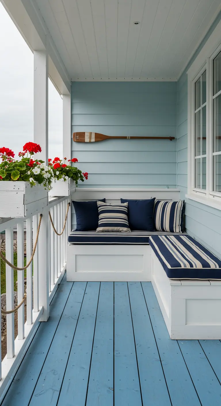 A cozy balcony nook with a built-in bench, blue floors, and a decorative oar.