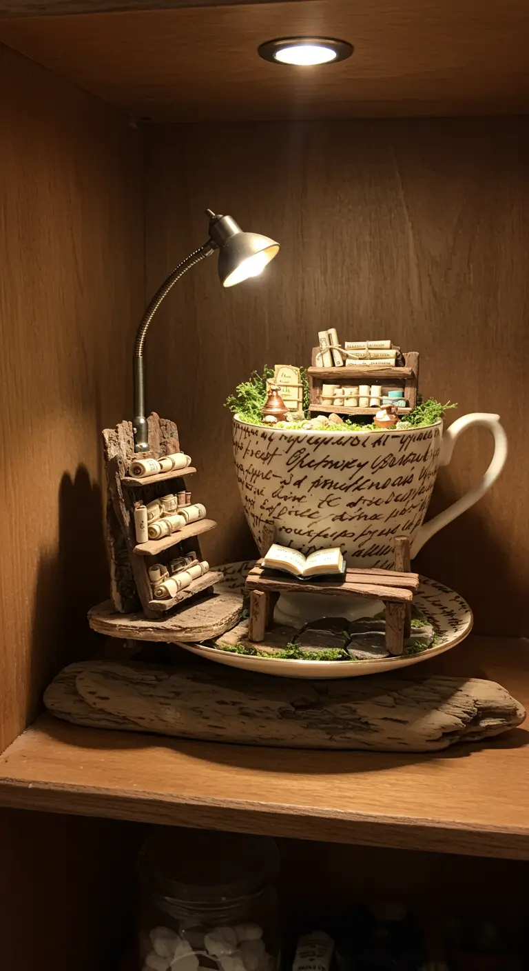 A teacup decorated with script holds a miniature library scene with tiny books and a lamp.